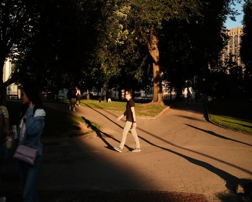 Woman walking calmly in an evening park setting
